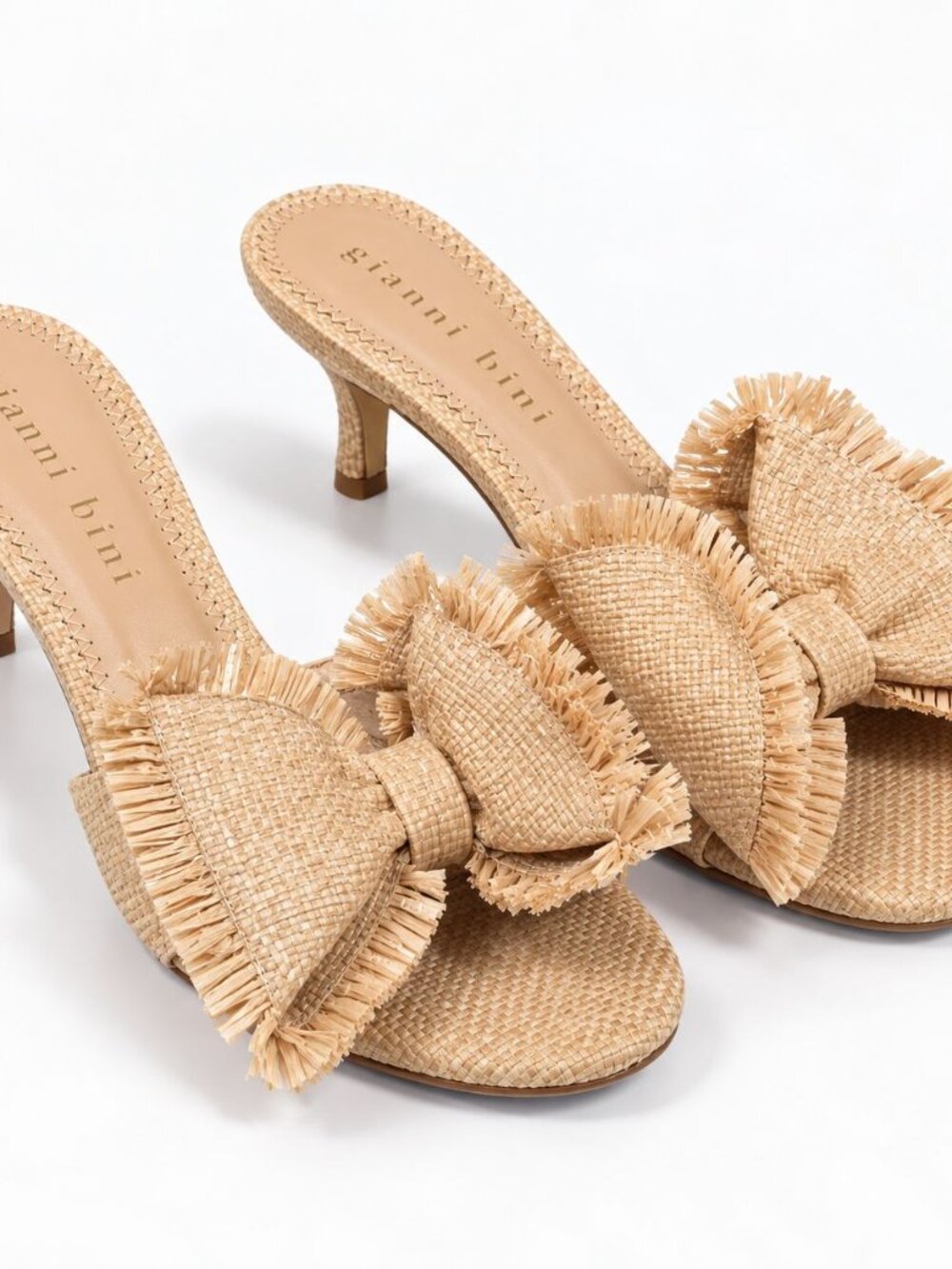 Gianni Bini Raffia Bow Heels Size 6 Natural Kitten Heel Mules NWOT